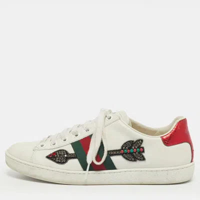 Pre-owned Gucci Ace Web Size 38 White Snakeskin Embossed And Leather Lace Up Sneakers