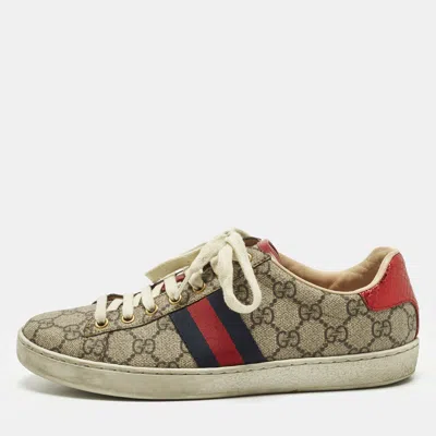 Pre-owned Gucci Ace Web Size 38.5 Beige/brown Gg Coated Canvas And Python Embossed Lace Up Sneakers In Sand