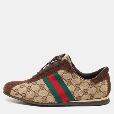 Pre-owned Gucci Ace Web Size 38.5 Beige/brown Gg Supreme Canvas Low Top Sneakers