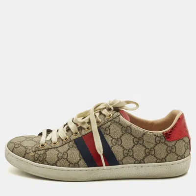 Pre-owned Gucci Ace Web Size 38.5 Beige/brown Gg Supreme Canvas Low Top Sneakers In Sand