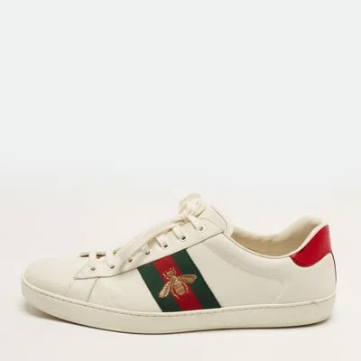 Pre-owned Gucci Ace Web Size 47 White Leather Bee Embroidered Low Top Sneakers