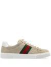 Gucci Beige Low Top Sneakers With Web Detail On The Side And Ace Plaque On The Front In Gg Canvas Wo In Nude