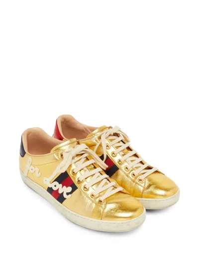 Pre-owned Gucci Ace Web Sneakers In Gold