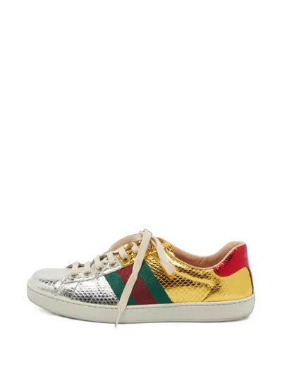 Pre-owned Gucci Ace Web Sneakers In Gold