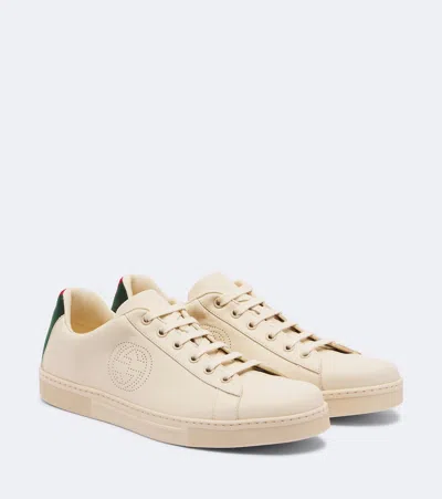 Gucci Ace Web Stripe Leather Sneakers In Neutral