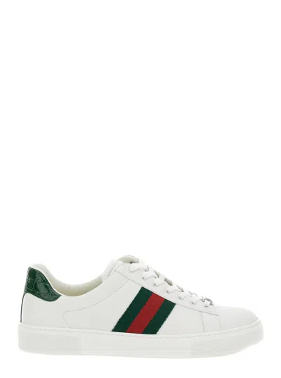 GUCCI GUCCI 'ACE' WHITE LOW TOP SNEAKERS WITH WEB DETAIL IN LEATHER WOMAN