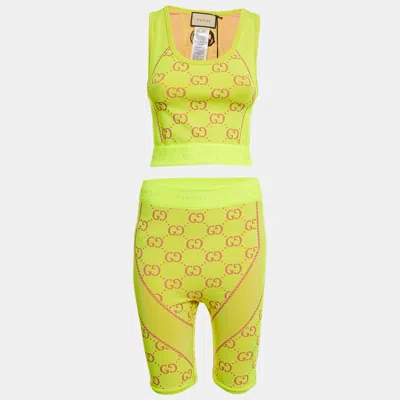 Pre-owned Gucci Acid Green Gg Jacquard Technical Crop Top And Biker Shorts Set S/m