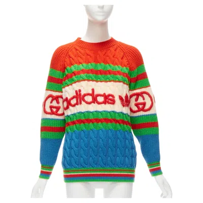 Pre-owned Gucci Adidas 2022 100% Wool Red Green 3d Logo Embroidery Cable Sweater Xxs
