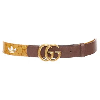Pre-owned Gucci Adidas 2022 Gg Marmont Brown Coated Canvas Monogram Offset Leather Belt