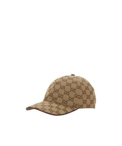 Gucci Women Beige Baseball Hat With Curved Brim And All-over Gg Motif In Fabric Woman In Brown