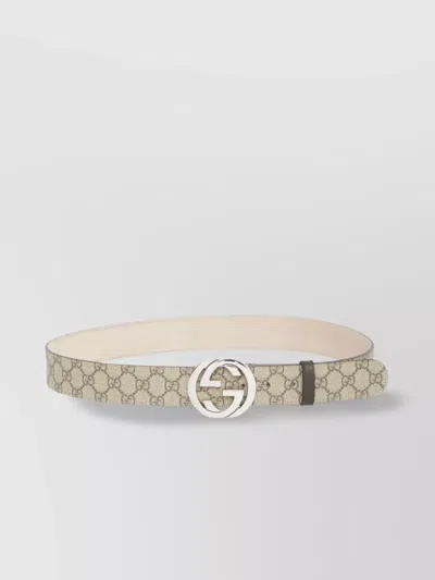 Gucci Adjustable Monogram Canvas Belt With Leather Trim In Neutral
