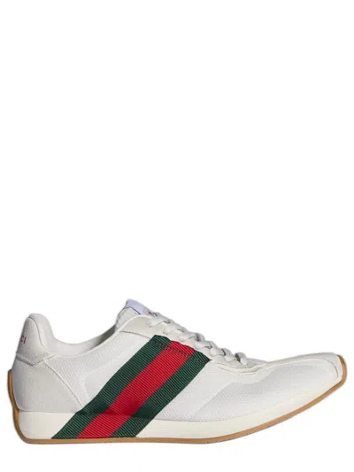 Gucci Aged-effect Mesh & Suede Sneaker With Grosgrain Trim, Interlocking G Detail In Bianco