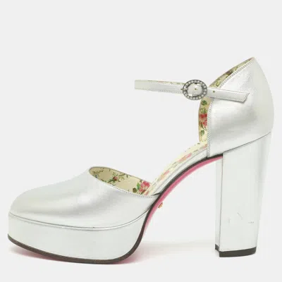 Pre-owned Gucci Agon Size 39 Silver Leather Platform Ankle Strap Pumps