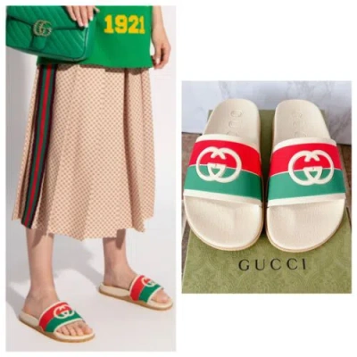 Pre-owned Gucci Agrado Interlocking Logo Rubber Slide Sandal Beige Womens Eu 36 Us 6