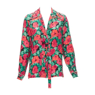 Pre-owned Gucci Alessandro Michele 2016 Red Green Floral Gg Pearl Bow Silk Shirt It38 Xs