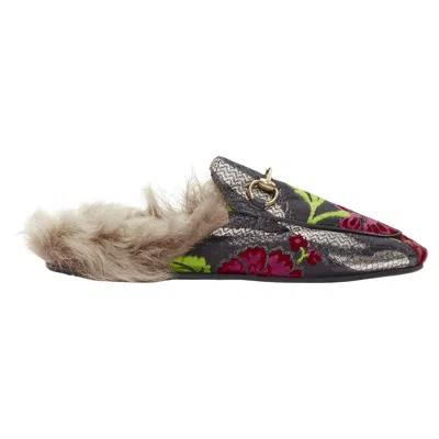 Pre-owned Gucci Alessandro Michele Princetown Floral Jacquard Fur Lined Loafer Eu36 In Brown