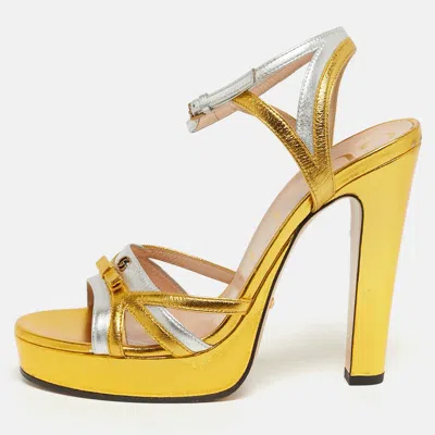 Pre-owned Gucci Alison Size 38.5 Silver/gold Leather Platform Ankle Strap Sandals