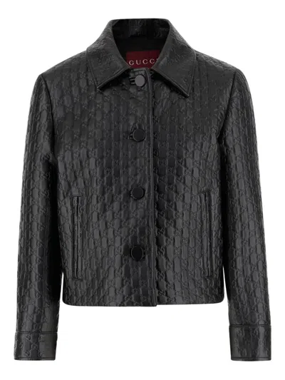 Gucci Embossed Gg Leather Jacket In Black
