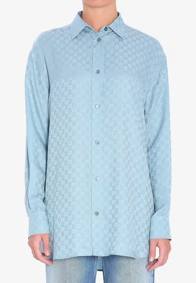 Gucci Silk Shirt With Monogram Motif In Blue