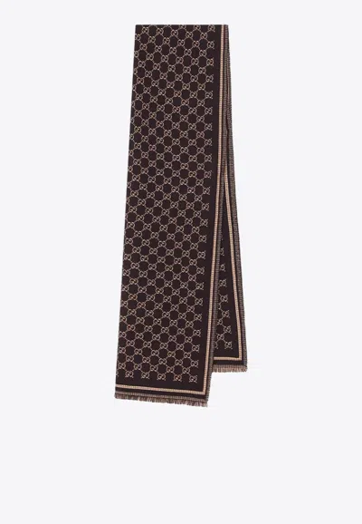 Gucci All-over Gg Wool Scarf In Brown