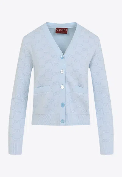 Gucci All-over Logo Jacquard Cardigan In Blue