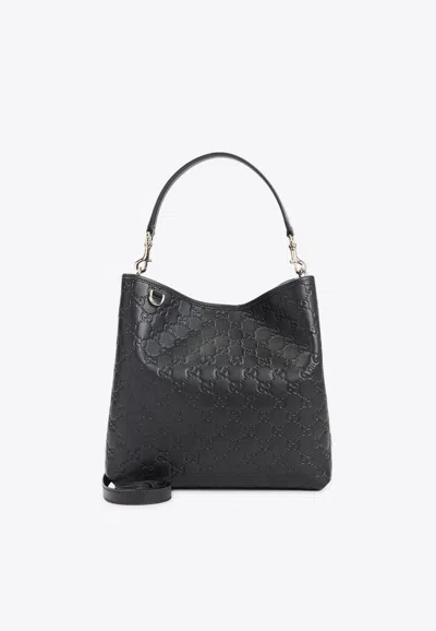 Gucci All-over Logo Leather Shoulder Bag In Black