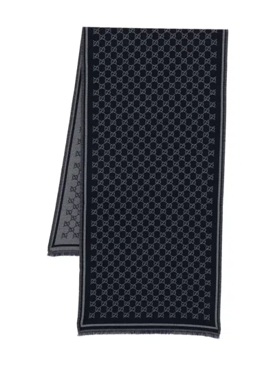Gucci All-over Pattern Wool Scarf In Blue