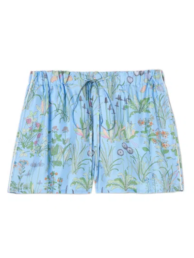 Gucci Allover Floral Print Silk Shorts With Piping In Blue