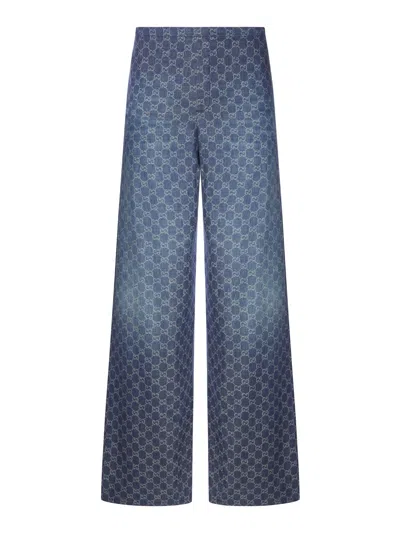 Gucci Gg Cotton Chambray Jacquard Wide-leg Pants In Blue