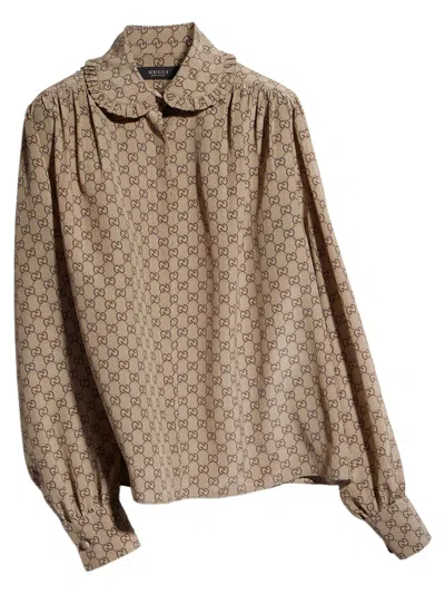 Gucci Allover Gg Print Unlined Silk Shirt With Ruffled Collar In Multi