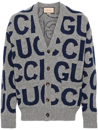 Gucci Logo-intarsia Wool Cardigan In Grey