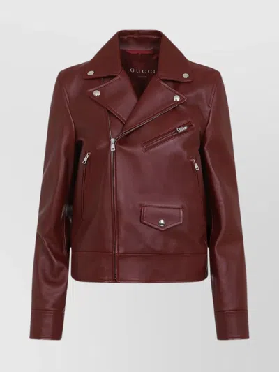 Gucci Leather Biker Jacket Puffer Jackets Brown In Red