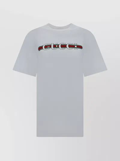 Gucci Women White Crewneck T-shirt Wth Web Print With Logo Lettering On The Front In Cotton Woman