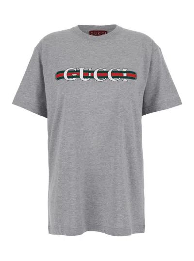 GUCCI GUCCI WOMEN GREY CREWNECK T-SHIRT WITH LOGO LETTERING AND WEB DETAIL ON THE FRONT IN COTTON WOMAN