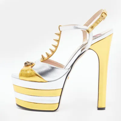 Pre-owned Gucci Angel Size 36 Silver/gold Leather Platform Ankle Strap Sandals
