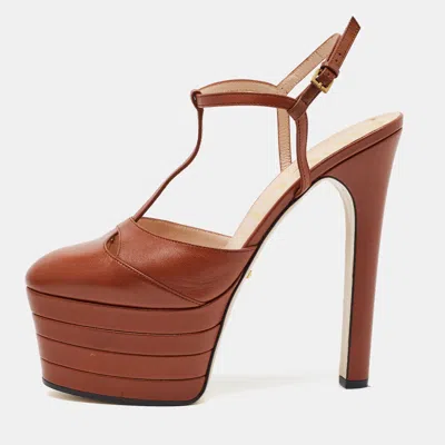 Pre-owned Gucci Angel Size 39.5 Brown Leather Platform T-strap Sandals