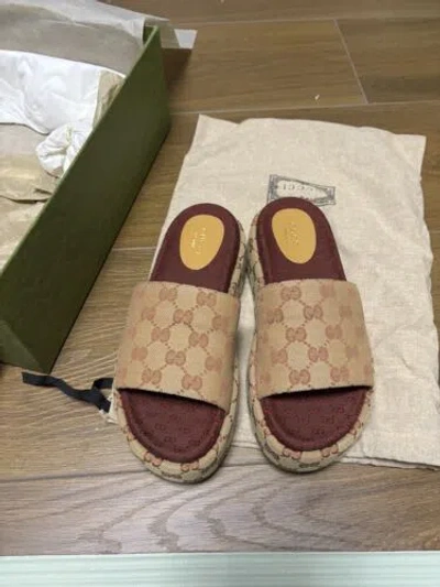 Pre-owned Gucci Angelina Gg Canvas Platform Slide Sandals Size:37.5 / Us 7.5 In Beige
