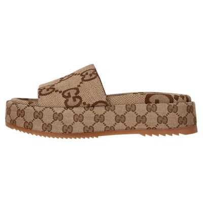 Pre-owned Gucci Angelina Gg Maxi Canvas Platform Slide Sandals In Brown