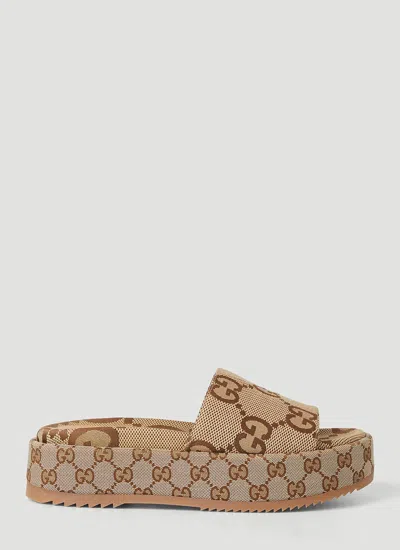 Gucci Angelina Gg Platform Slides In Beige