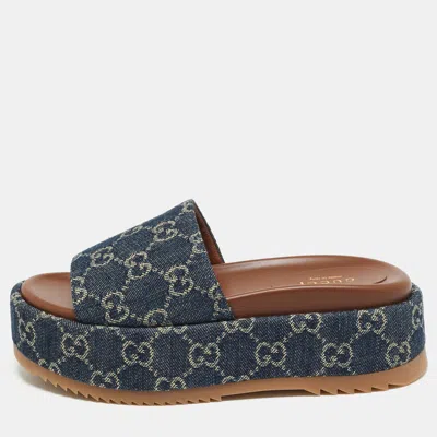Pre-owned Gucci Angelina Size 34.5 Blue/beige Gg Denim Platform Sandals