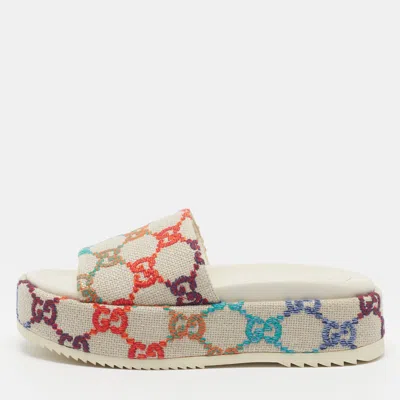 Pre-owned Gucci Angelina Size 38 Multicolor Gg Jacquard Platform Slide Sandals
