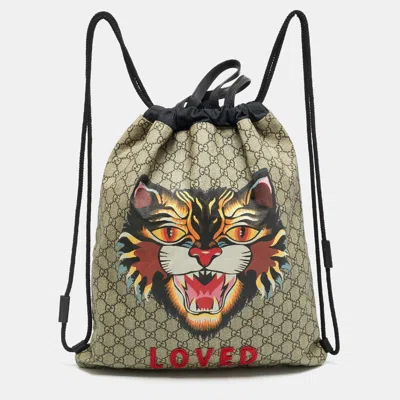 Pre-owned Gucci Angry Cat Beige/black Gg Supreme Canvas And Fabric Drawstring Backpacks In Sand