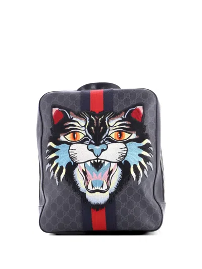 Pre-owned Gucci Angry Cat Web Gg Coated Canvas With Applique Medium Backpack In Black