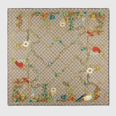 Gucci Halstuch Aus Seide Mit Tier- Und Blumen-print In Beige