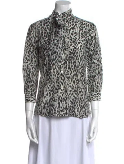 Pre-owned Gucci Animal Print Mock Neck Blouse In White