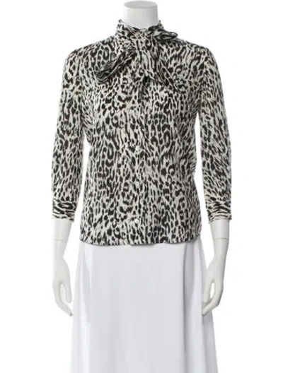 Pre-owned Gucci Animal Print Tie Neck Blouse In White