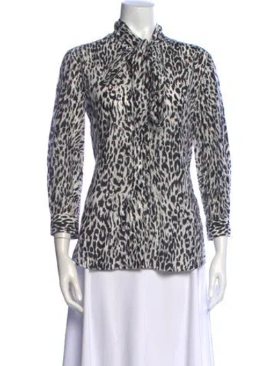 Pre-owned Gucci Animal Print Tie Neck Blouse In White
