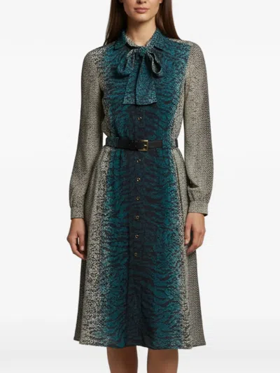 Pre-owned Gucci Animal-print Ling-sleeved Belted Midi Dress In Green