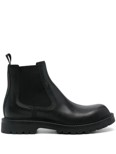 Gucci Black Leather Ankle Boot With Web Detail Men In Multi