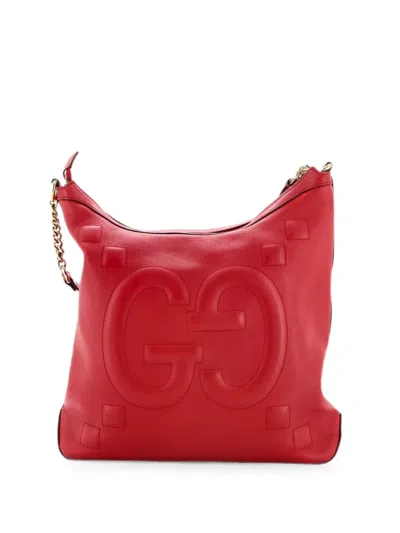 Pre-owned Gucci Apollo Gg Embossed Calfskin Large Hobo Bag In Red